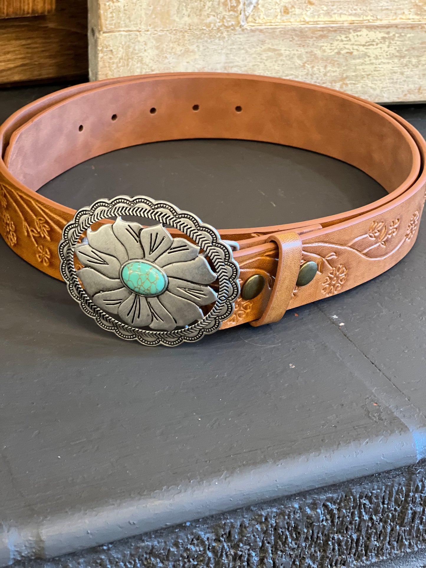 Western Floral Silver Buckle Belt