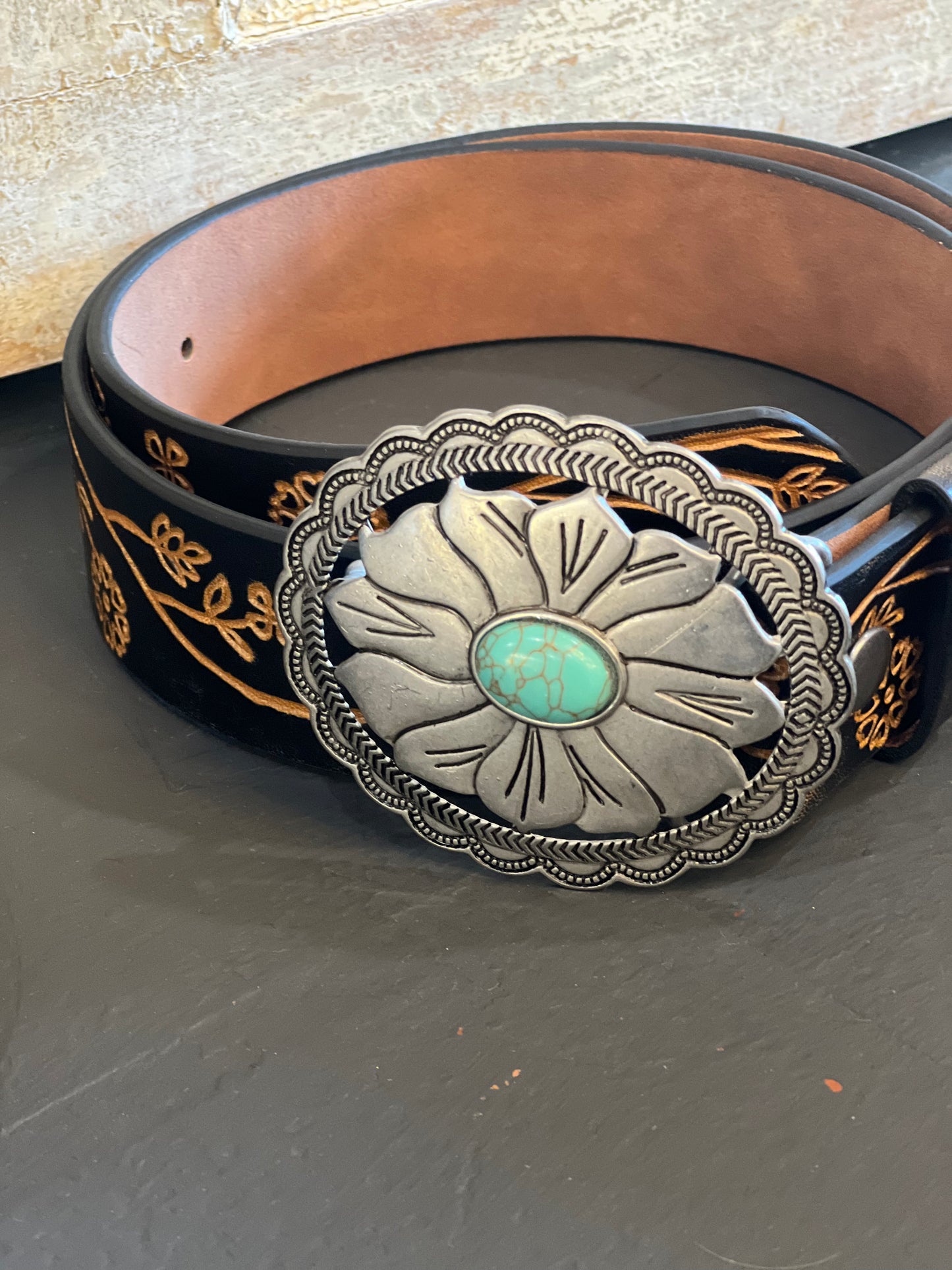 Western Floral Silver Buckle Belt