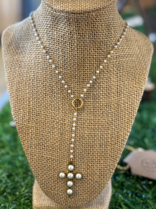 Lariat Pearl Cross Necklace